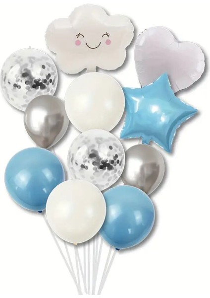 32 Adet Gümüş Konfetili Bebek Mavisi Doğum Günü Parti Balon Seti (Balon Bandı Hediyeli)