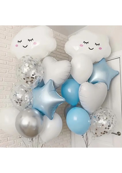 32 Adet Gümüş Konfetili Bebek Mavisi Doğum Günü Parti Balon Seti (Balon Bandı Hediyeli) modelleri