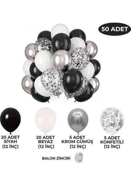 50 Adet Konfetili Krom Gümüş Siyah Beyaz Balon Zincir Seti (100'LÜ Balon Bandı Hediyeli) fiyatları