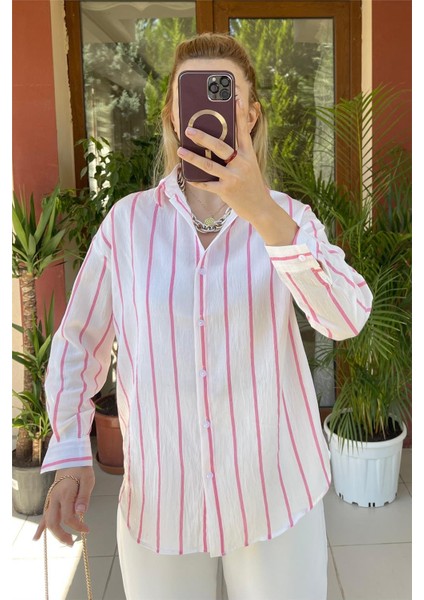 Çizgili Pembe-Beyaz Oversize Gömlek Pembe-Beyaz