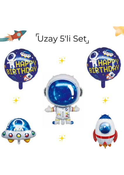 Astronot Konseptli Astronot , Uzay Gemisi , Roket ve Happy Birthday Folyo Balon Doğum Günü Seti