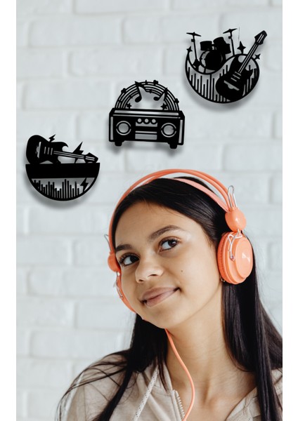 3'lü Müzik Set Kaset Gitar Bateri Ahşap Duvar Dekoru