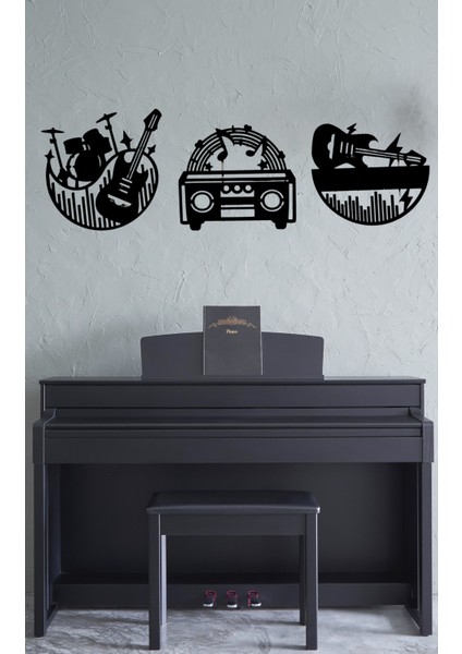 3'lü Müzik Set Kaset Gitar Bateri Ahşap Duvar Dekoru