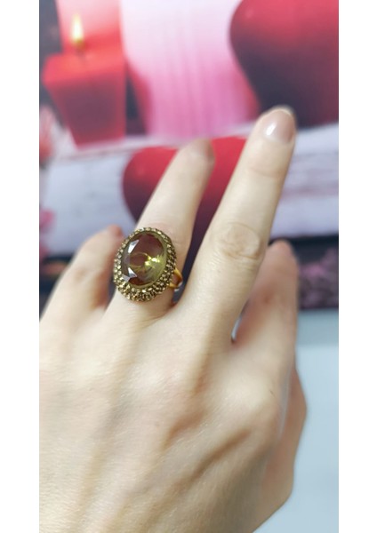 925 Ayar Gümüş El Işçilikli Oval Zultanit Taşlı Yüzük Renk Gold (Alt Kısımdan Ayarlanabilir Yüzük)
