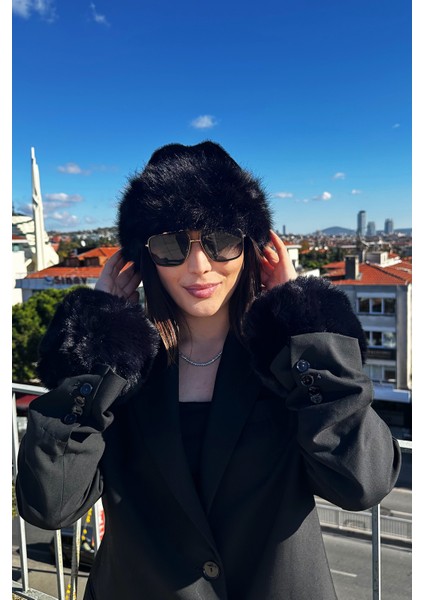 Kadın Kışlık Elit Kürk Içi Deri Lüks Moğol Kalpak Şapka ve Kürk Kolluk Bileklik 2'li Takım Set