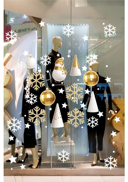 Gold Altın Rengi Balonlar Kar Taneleri Yılbaşı Cam Vitrin Süslemeleri Sticker