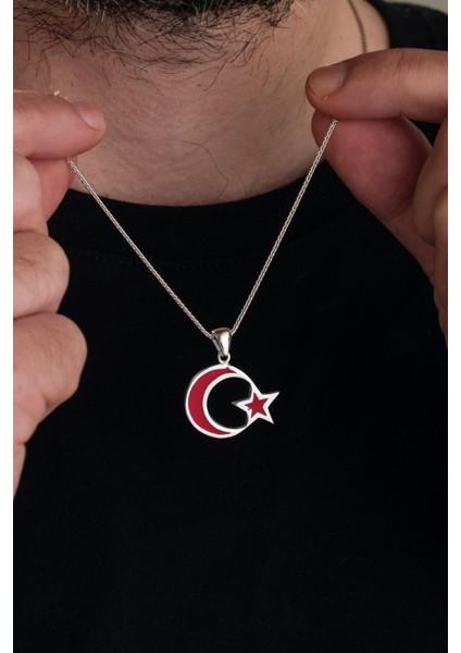 25 mm Gümüş Kırmızı Ay Yıldız Bayrak Erkek Kolye
