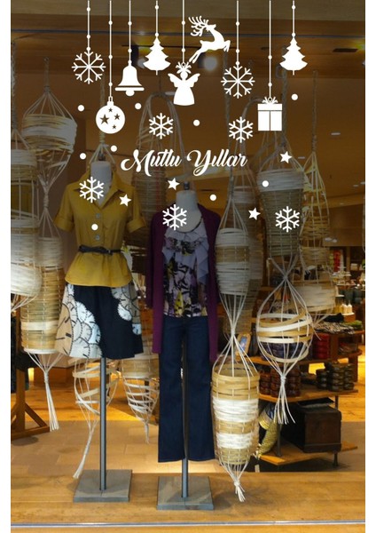 Mutlu Yıllar Yazısı Kar Taneleri ve Kutular Balonlar Vitrin Stickerları 70X70CM