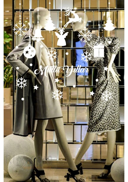 Mutlu Yıllar Yazısı Kar Taneleri ve Kutular Balonlar Vitrin Stickerları 70X70CM fiyatları