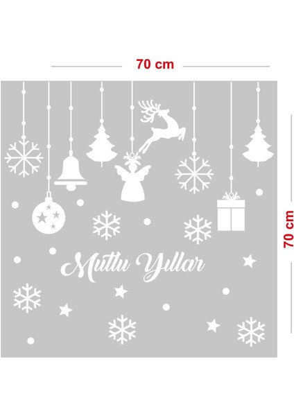 Mutlu Yıllar Yazısı Kar Taneleri ve Kutular Balonlar Vitrin Stickerları 70X70CM modelleri