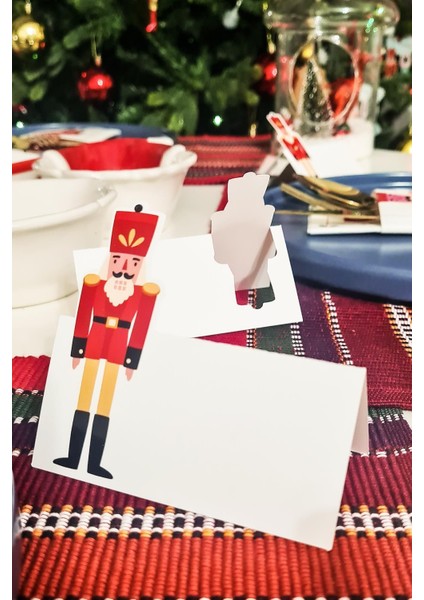 Kırmızı Yılbaşı Temalı Fındıkkıran ve Kurşun Asker İsimlik Kartı, 12'li Set