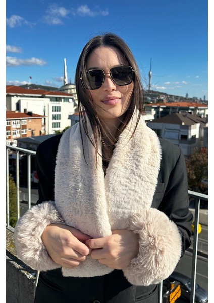 Kadın Kışlık Luxury Bej-Taş Kürk Kolluk ve Kürk Peluş Atkı 2'li Takım Set