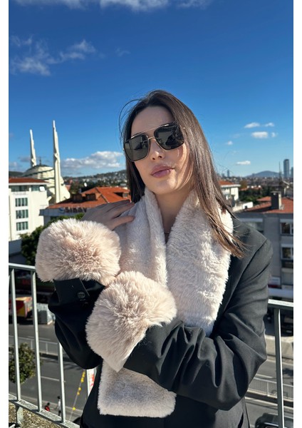 Kadın Kışlık Luxury Bej-Taş Kürk Kolluk ve Kürk Peluş Atkı 2'li Takım Set fiyatları