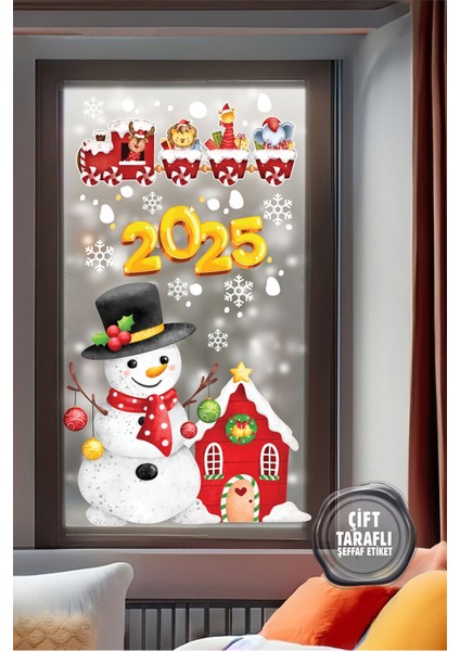 2025 Yılbaşı Cam Süsleri - Kardan Adam ve Tren Temalı - %100 Çift Taraflı Sticker 89X29