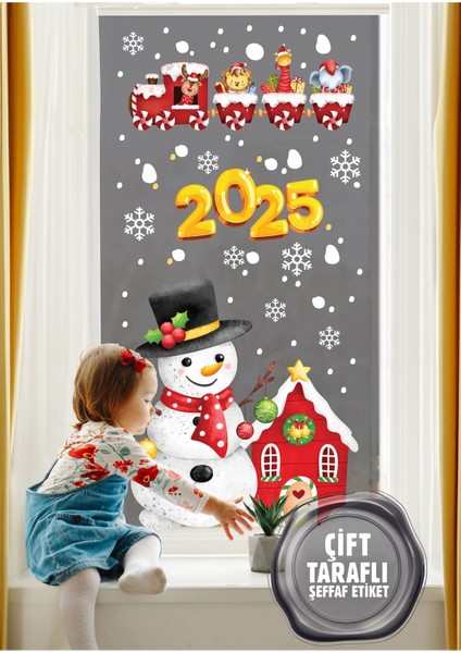 2025 Yılbaşı Cam Süsleri - Kardan Adam ve Tren Temalı - %100 Çift Taraflı Sticker 89X29