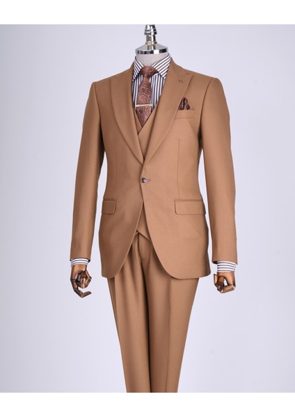 Italyan Stil Slim Fit Ceket Yelek Pantolon Takım Elbise Kahverengi T13502