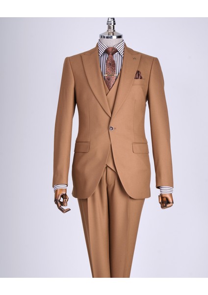 Italyan Stil Slim Fit Ceket Yelek Pantolon Takım Elbise Kahverengi T13502 modelleri