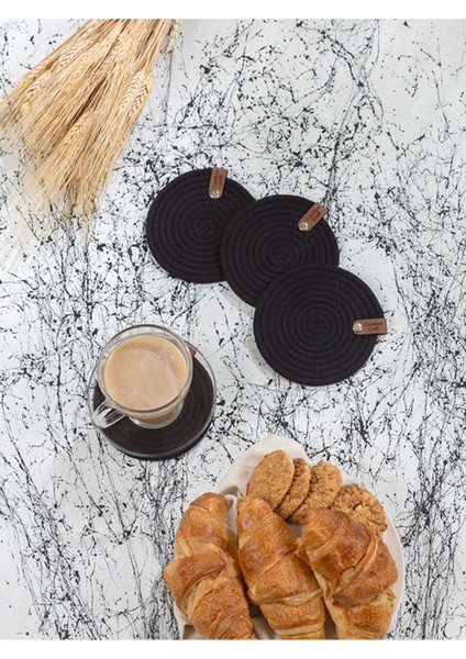 Jüt Örme Yanmaz Bardak Altlığı Seti | 4'lü, Siyah