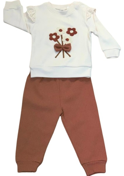Çiçekli Volanlı Kol Aylık Kız Bebek Takım (Kahve)