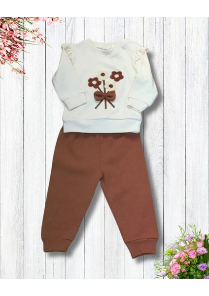 Çiçekli Volanlı Kol Aylık Kız Bebek Takım (Kahve) fiyatları
