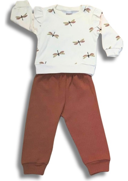 Yusufcuk Baskılı Volanlı Kol Aylık Kız Bebek Takım (Kahve)
