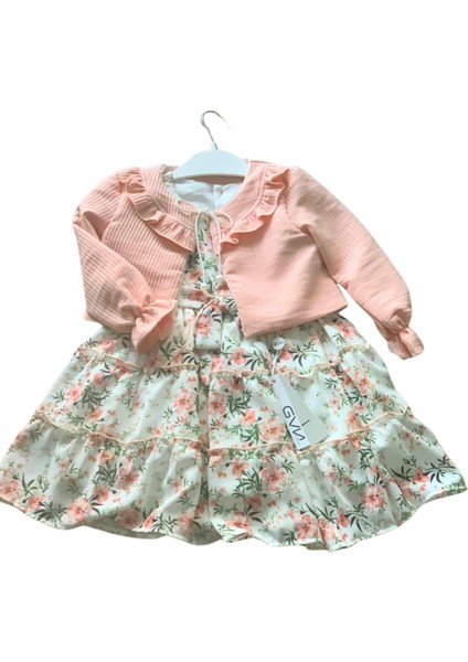 Kız Bebek Elbise Hırka Tül Altlı Takım (Pudra)