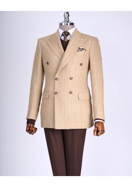 Italyan Stil Slim Fit Balıksırtı Desen Kruvaze Erkek Tek Ceket Bej T13430