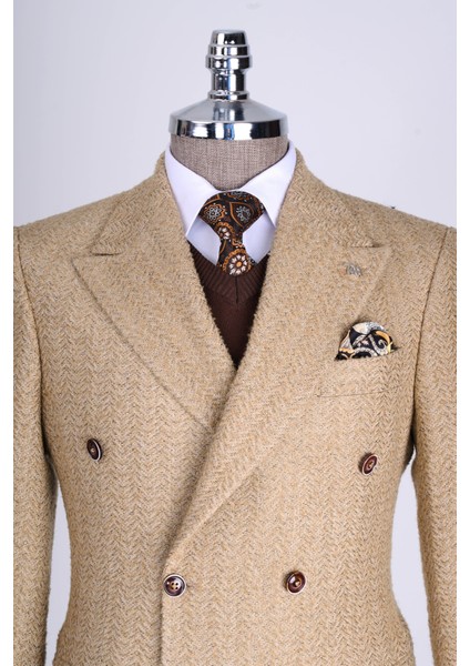 Italyan Stil Slim Fit Balıksırtı Desen Kruvaze Erkek Tek Ceket Bej T13430 fiyatları