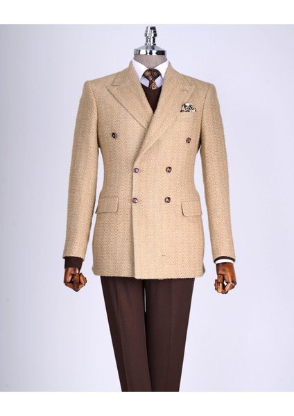 Italyan Stil Slim Fit Balıksırtı Desen Kruvaze Erkek Tek Ceket Bej T13430 modelleri