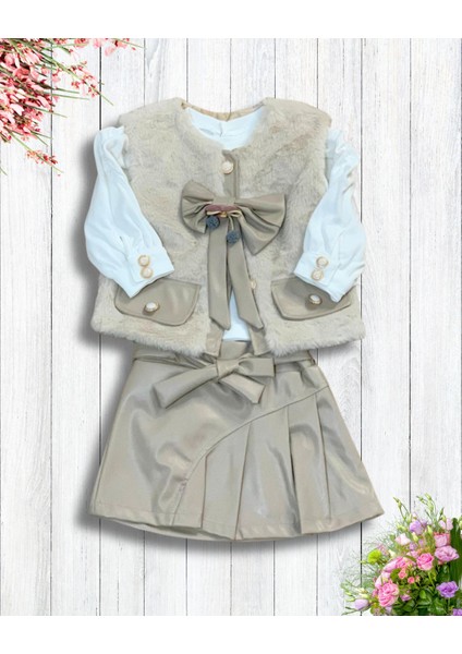 Kız Bebek Aylık Deri Etek Peluş Yelek Penye Sweat Takım fiyatları