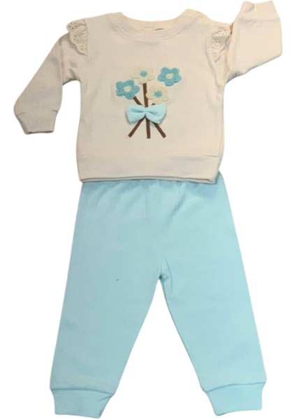 Çiçekli Volanlı Kol Aylık Kız Bebek Takım (Mavi)