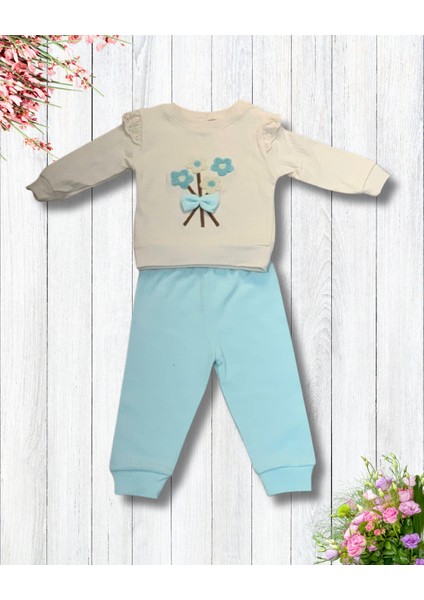 Çiçekli Volanlı Kol Aylık Kız Bebek Takım (Mavi) fiyatları
