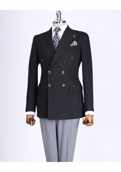 Italyan Stil Slim Fit Kruvaze Erkek Tek Ceket Siyah T13354