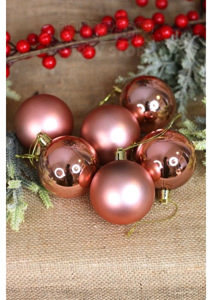 Parlak Mat Rose Gold Renkli Cici Top 5 cm 6'lı Yılbaşı Yeni Yıl Çam Ağacı Süsü Ipli Ağaca Asılan Sü