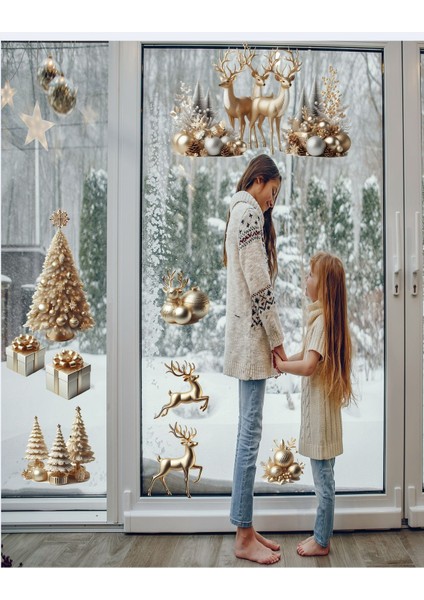 Yılbaşı Neol Gold Geyikler Çam Ağacı Yılbaşı Süsü Cam Duvar Sticker fiyatları