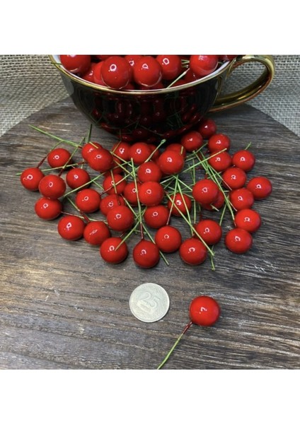 100 Adet Kırmızı Kokina Cicitop Süsleme ve Paketleme Yılbaşı Süsü Mini Telli Berry Yeniyıl Teması