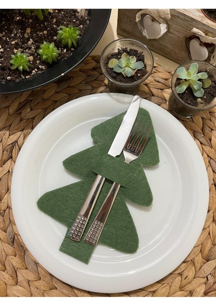 Yılbaşı Masa Dekor-Çam Ağacı Çatal Kaşıklık 6 Adet Peçetelik