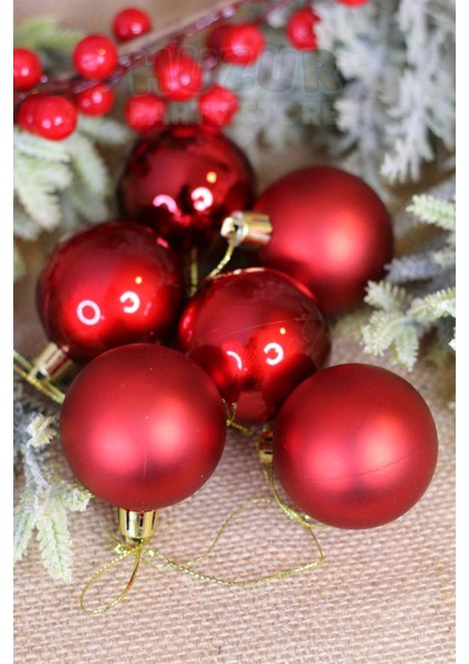 Parlak Mat Kırmızı Renkli Cici Top 5 cm 6'lı Yılbaşı Kırmızısı Yeni Yıl Çam Ağacı Süsü Ipli Süs