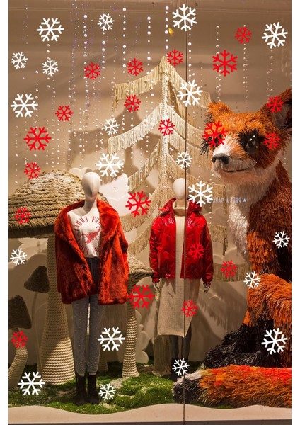 40 Adet Küçük Büyük Kırmızı Beyaz Kar Taneleri Yılbaşı Vitrin Sticker