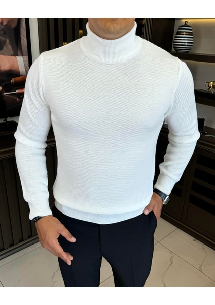 Italyan Stil Slim Fit Balıkçı Yaka Triko Erkek Kazak Ekru T13222