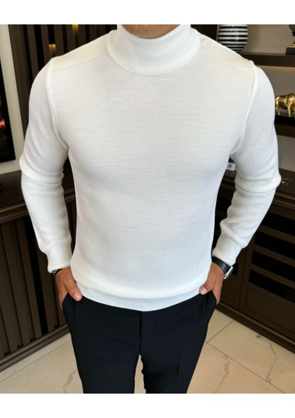 Italyan Stil Slim Fit Balıkçı Yaka Triko Erkek Kazak Ekru T13222 fiyatları