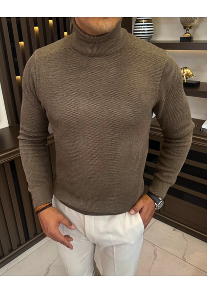 Italyan Stil Slim Fit Balıkçı Yaka Triko Erkek Kazak Kahverengi T13225 fiyatları