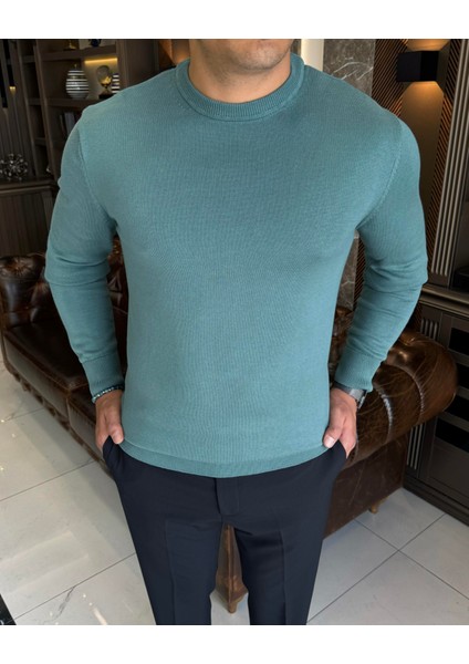 Italyan Stil Slim Fit Erkek Bisiklet Yaka Triko Kazak Saks T13137