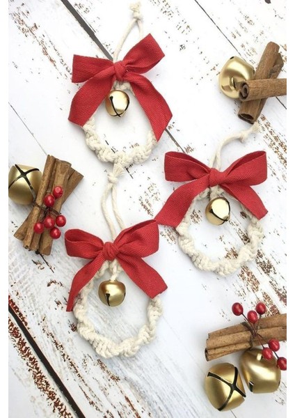 3'lü Kırmızı Kurdeleli Makrome Zilli Halka - Dekoratif Süs - Yılbaşı Ağaç Süsü -