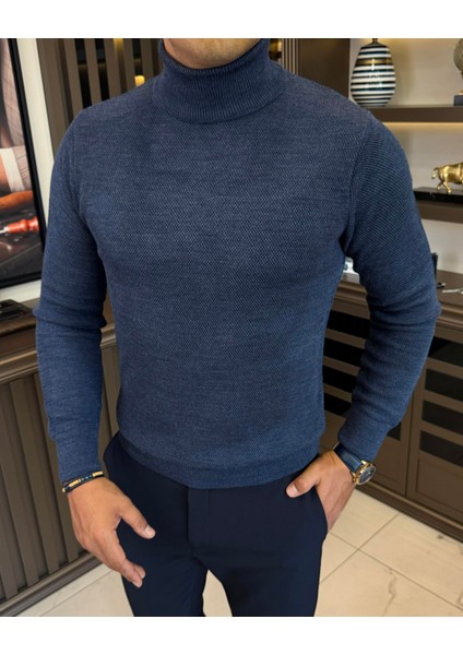 Italyan Stil Slim Fit Balıkçı Yaka Triko Erkek Kazak Lacivert T13224 fiyatları