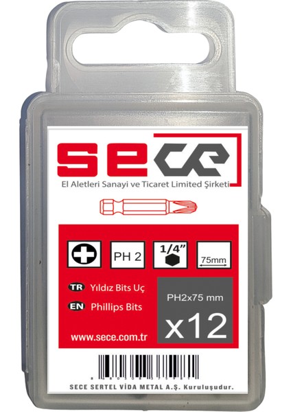 1/4'' Yıldız Bits Uç PH2X75 mm 12 Adet