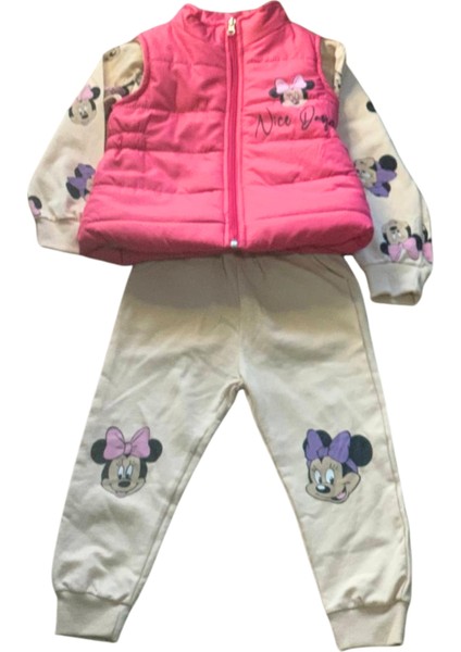 Kız Çocuk Minnie Mouse Baskılı Şişme Yelekli Takım (Fuşya)
