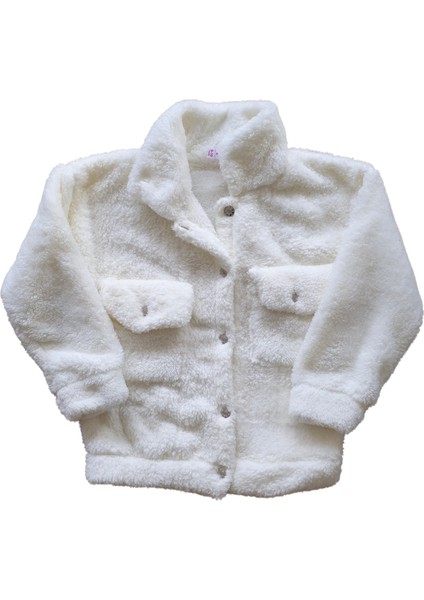 Düğmeli Dik Yaka Peluş Polar Baskılı Kız Çocuk Mont (Beyaz)
