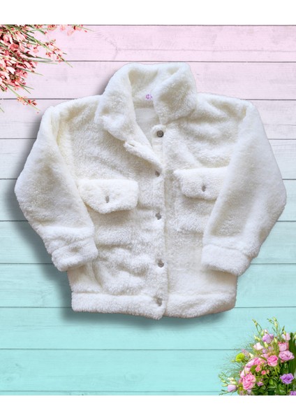 Düğmeli Dik Yaka Peluş Polar Baskılı Kız Çocuk Mont (Beyaz) fiyatları