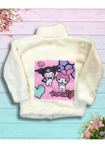 Düğmeli Dik Yaka Peluş Polar Baskılı Kız Çocuk Mont (Beyaz) modelleri